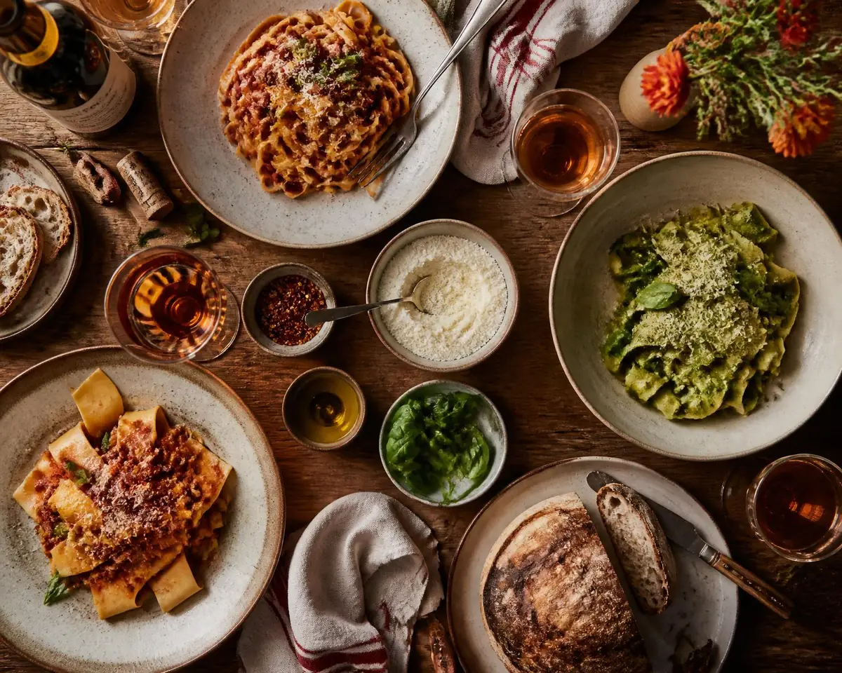 Trattoria table set with handmade pasta, bread, and wine